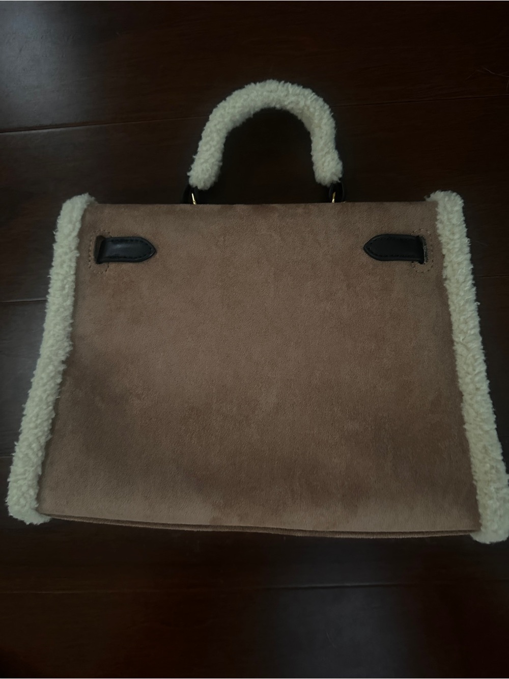 Taupe Shearling Trim Top-Handle Bag with Gold Lock - Picture 2 of 3